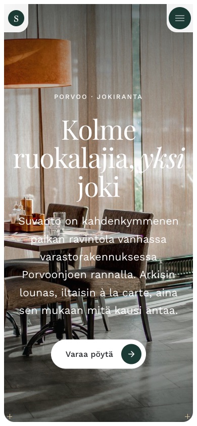 The Ravintola Suvanto front page on a phone: a large photograph of the dining room under the headline.