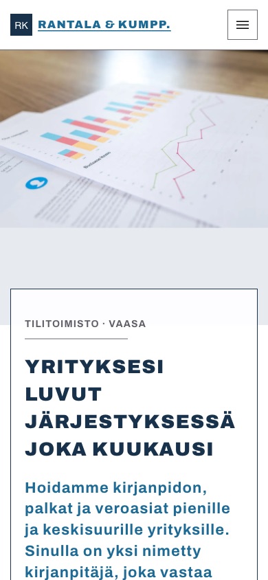 The Tilitoimisto Rantala & Kumpp. front page on a phone: a white card over a photograph, listing the services.